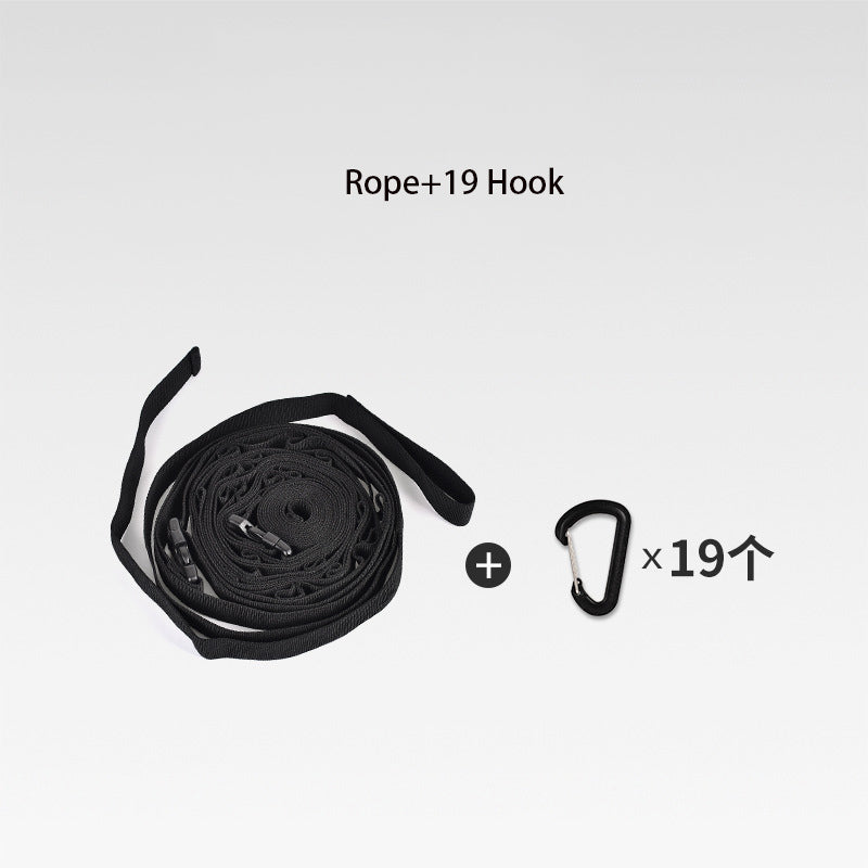 Corde de Rangement pour Tente de Camping, en Plein air, Survie Sangle Réglable pour Corde à Linge avec 19 Crochets de Suspension
-Outdoor camping, Survival, tent storage rope adjustable, clothesline strap camping lanyard with 19 hook hangers