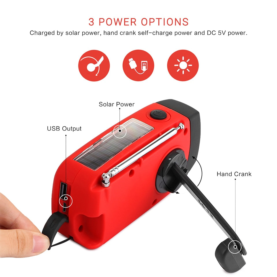Radio solaire portable Am/ FM à manivelle, chargeur auto-alimenté, lampe de poche 3 LED, radio , étanche, survie d'urgence
- Portable Solar Radio Hand Crank Self Powered Phone Charger 3 LED Flashlight AM/FM/WB Radio Waterproof Emergency Survival