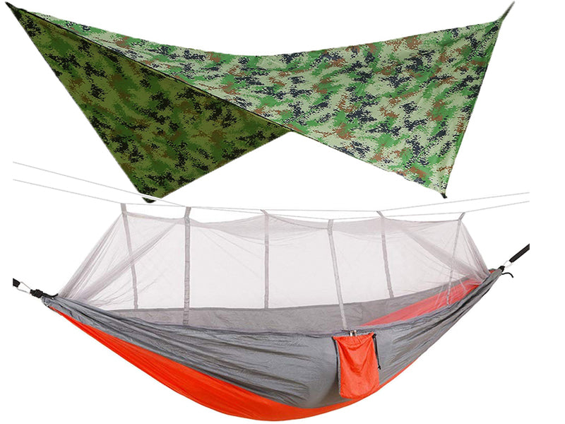 Hamac de camping double d'extérieur 260 x 140 cm avec moustiquaire et bâche anti-pluie Hamacs parachute légers. -260x140cm Outdoor Double Camping Hammock with Mosquito Net and Rain Fly Tarp Lightweight Parachute Hammocks