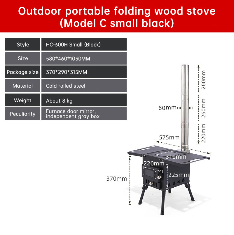 Poêle à bois de chauffage, acier au carbone, portable et pliable. Pour tente de camping et extérieur.                                         - Portable and foldable carbon steel firewood stove. For camping tents and outdoor use.