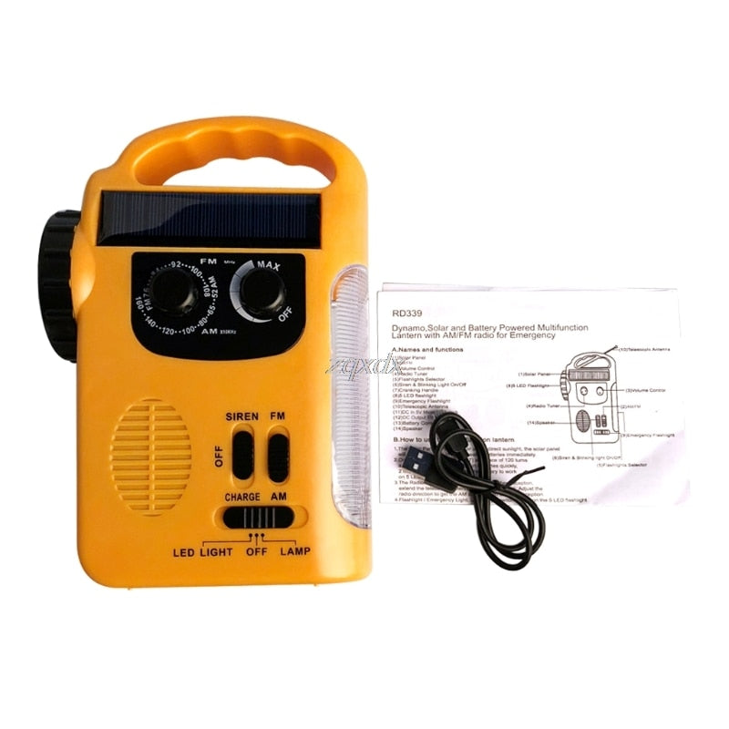 Radio AM/FM solaire à manivelle d'urgence extérieure avec lampe LED
-Outdoor Emergency Hand Crank Solar Dynamo AM/FM Radios Power Bank with LED Lamp