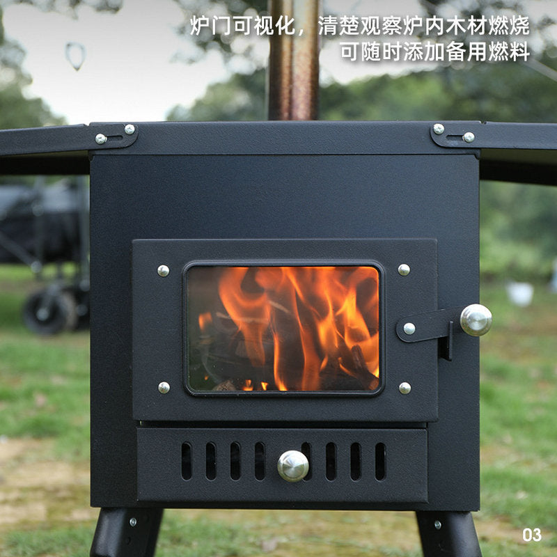 Poêle à bois de chauffage, acier au carbone, portable et pliable. Pour tente de camping et extérieur.                                         - Portable and foldable carbon steel firewood stove. For camping tents and outdoor use.