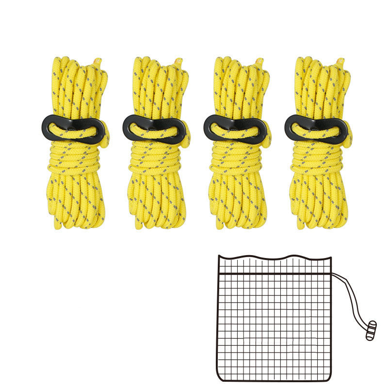 Corde réfléchissante de camping, de plein air, 4 mm pour tente, une boucle fixe, 4 ensembles de corde de tension                                        - Outdoor Camping 4mm Reflective Rope Tent Rope To Send Fixed Buckle 4 Sets Of Sky Curtain Pull Rope.