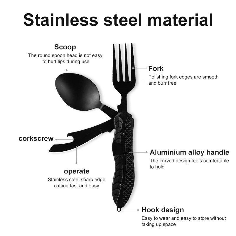 Ustensile de camping multifonctionnelle en acier inoxydable, couteau, fourchette, cuillère.                                              - Multifunctional camping tableware stainless steel knife fork spoon, eating tools