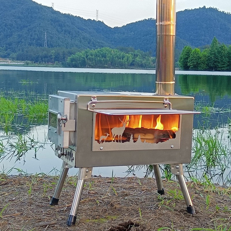 Poêle à bois de chauffage, acier au carbone, portable et pliable. Pour tente de camping et extérieur.                                         - Portable and foldable carbon steel firewood stove. For camping tents and outdoor use.