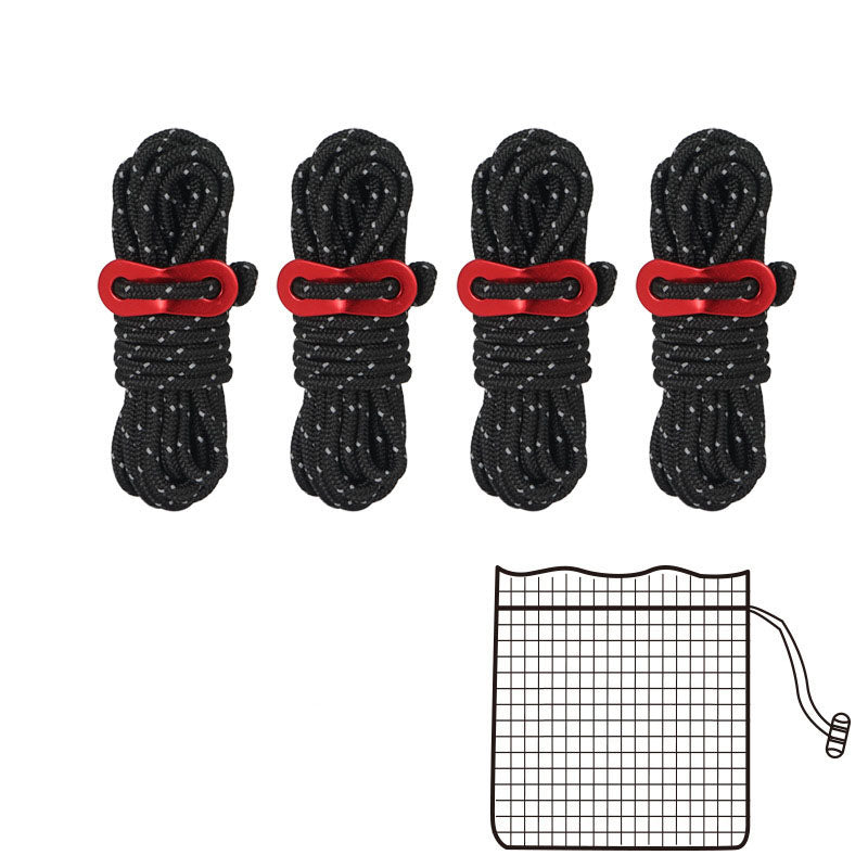Corde réfléchissante de camping, de plein air, 4 mm pour tente, une boucle fixe, 4 ensembles de corde de tension                                        - Outdoor Camping 4mm Reflective Rope Tent Rope To Send Fixed Buckle 4 Sets Of Sky Curtain Pull Rope.