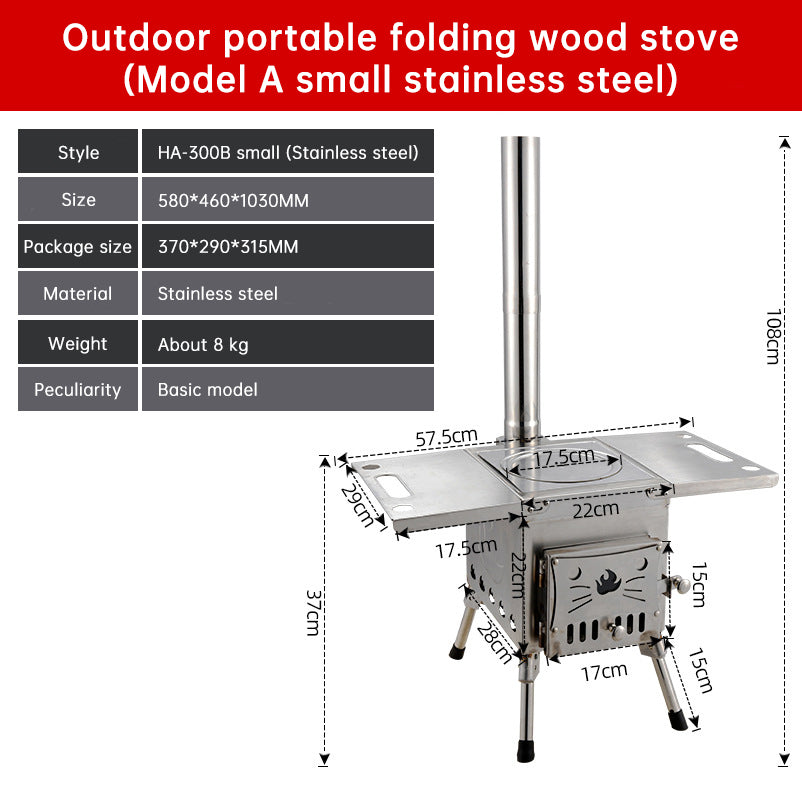 Poêle à bois de chauffage, acier au carbone, portable et pliable. Pour tente de camping et extérieur.                                         - Portable and foldable carbon steel firewood stove. For camping tents and outdoor use.