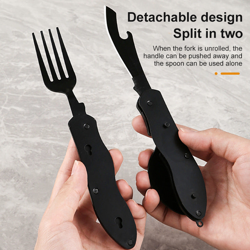 Ustensile de camping multifonctionnelle en acier inoxydable, couteau, fourchette, cuillère.                                              - Multifunctional camping tableware stainless steel knife fork spoon, eating tools