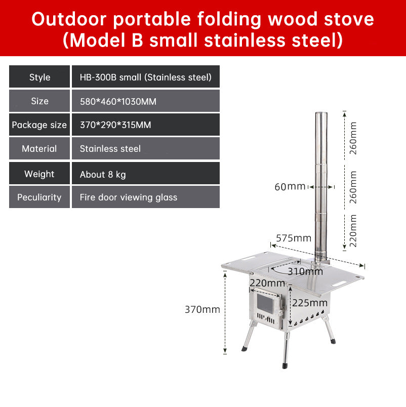 Poêle à bois de chauffage, acier au carbone, portable et pliable. Pour tente de camping et extérieur.                                         - Portable and foldable carbon steel firewood stove. For camping tents and outdoor use.