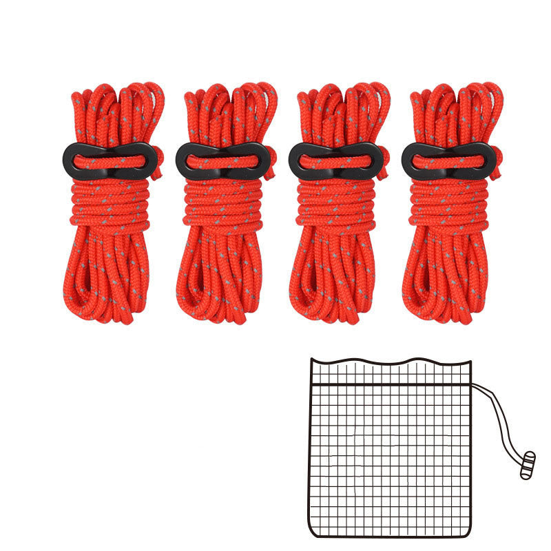 Corde réfléchissante de camping, de plein air, 4 mm pour tente, une boucle fixe, 4 ensembles de corde de tension                                        - Outdoor Camping 4mm Reflective Rope Tent Rope To Send Fixed Buckle 4 Sets Of Sky Curtain Pull Rope.