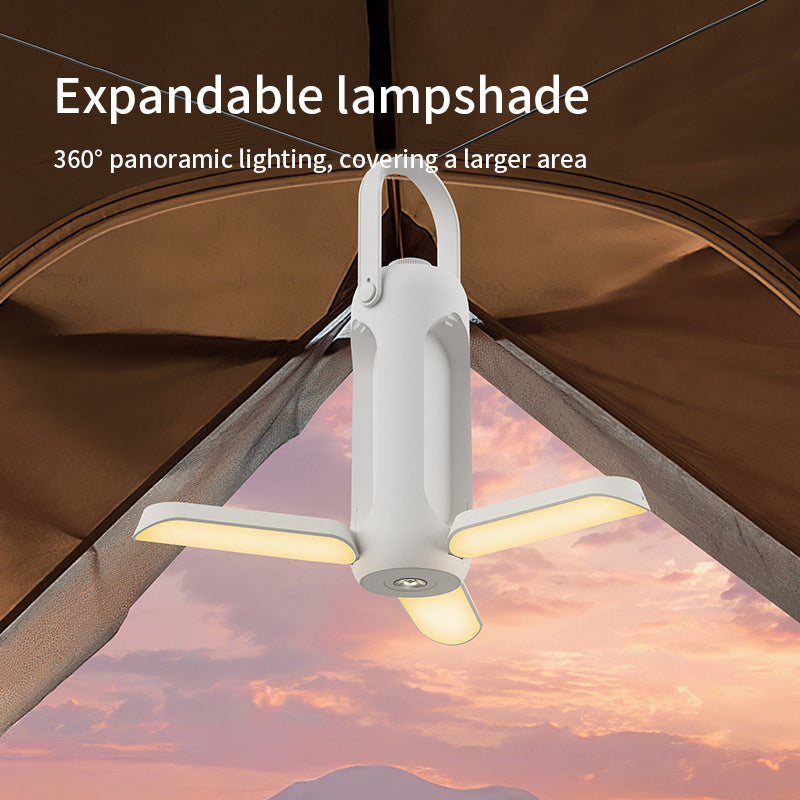 Lampe de camping pliante d'extérieur et interieure, deux fonctionalites, Portable et suspendue, USB, rechargeable
-Outdoor and indoor folding camping lamp, two functions, portable and hanging, USB, rechargeable