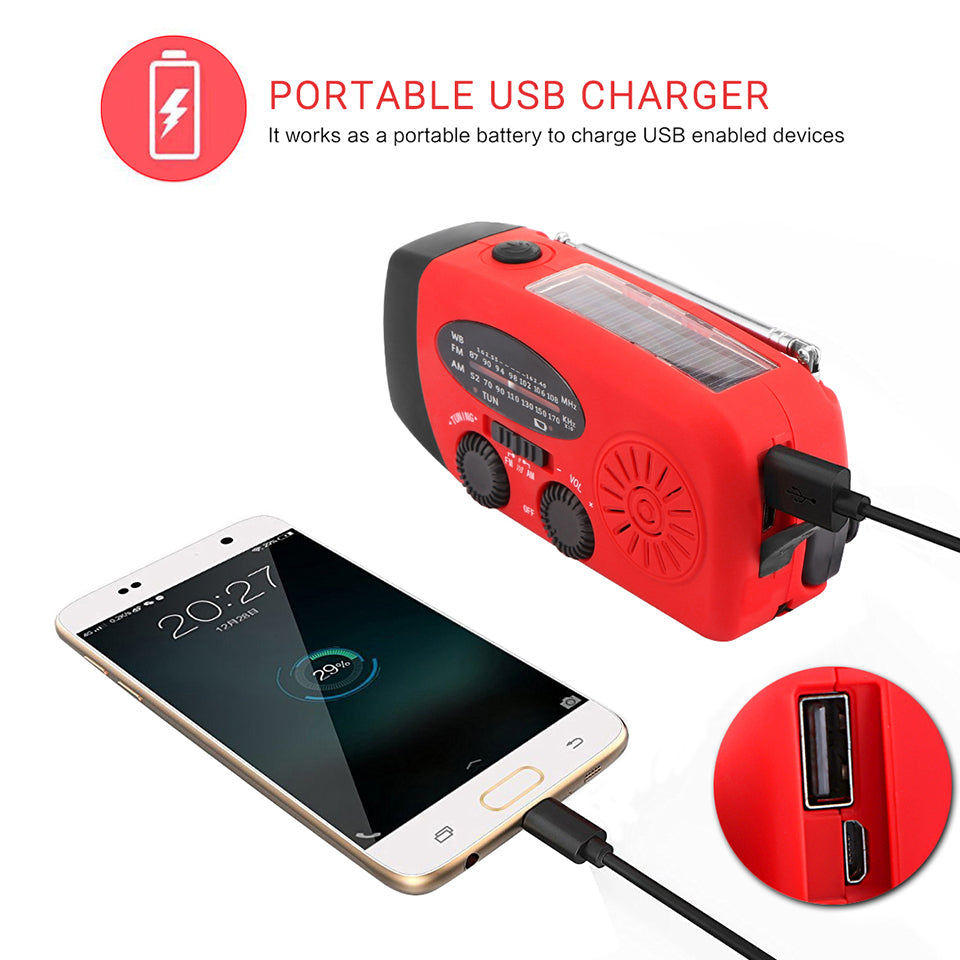 Radio solaire portable Am/ FM à manivelle, chargeur auto-alimenté, lampe de poche 3 LED, radio , étanche, survie d'urgence
- Portable Solar Radio Hand Crank Self Powered Phone Charger 3 LED Flashlight AM/FM/WB Radio Waterproof Emergency Survival