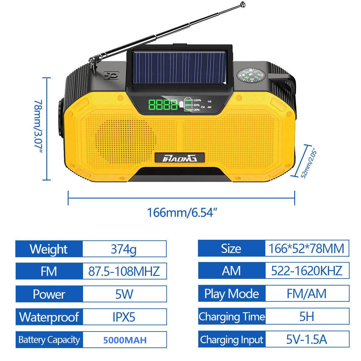 Radio d'urgence extérieure, haut-parleur Bluetooth, lampe de poche solaire, charge mobile, 5 000 mAh, grande capacité -Outdoor Emergency Radio Bluetooth Speaker Solar Hand Flashlight Mobile Charging 5000 Mah Large Capacity