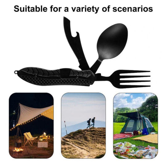 Ustensile de camping multifonctionnelle en acier inoxydable, couteau, fourchette, cuillère.                                              - Multifunctional camping tableware stainless steel knife fork spoon, eating tools
