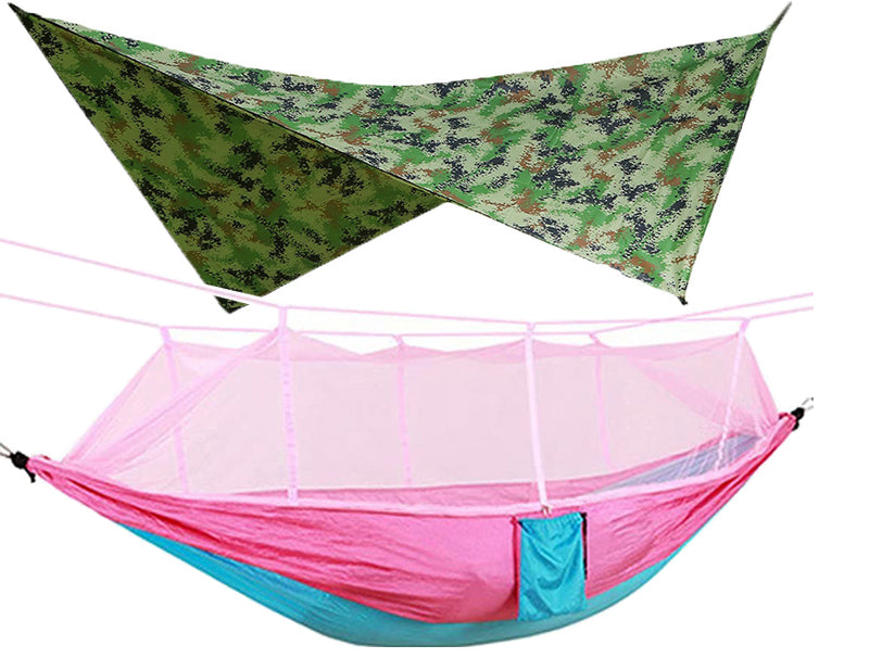 Hamac de camping double d'extérieur 260 x 140 cm avec moustiquaire et bâche anti-pluie Hamacs parachute légers.     -260x140cm Outdoor Double Camping Hammock with Mosquito Net and Rain Fly Tarp Lightweight Parachute Hammocks