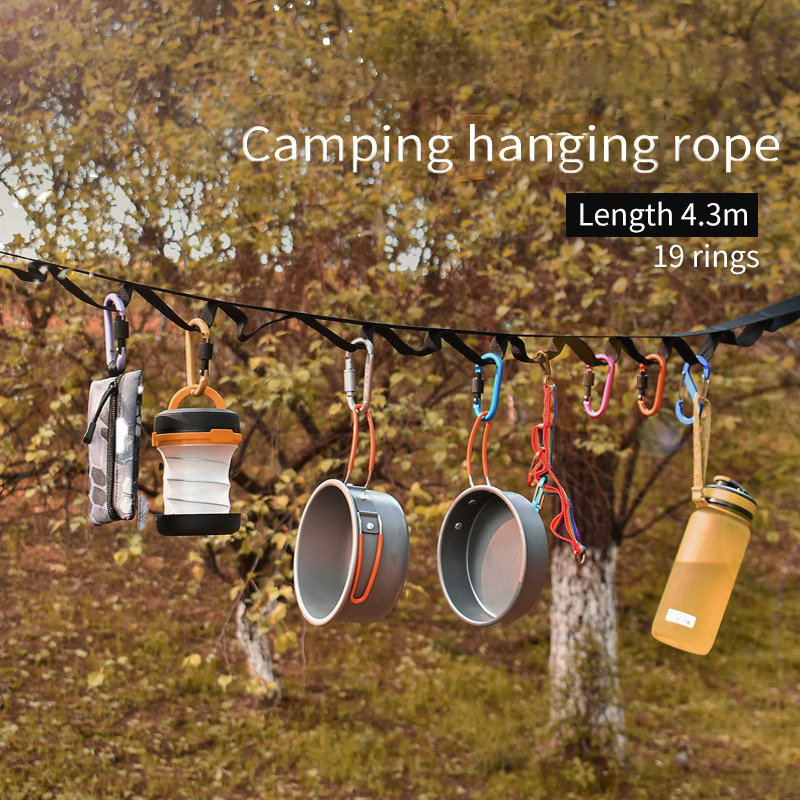 Corde de Rangement pour Tente de Camping, en Plein air, Survie Sangle Réglable pour Corde à Linge avec 19 Crochets de Suspension
-Outdoor camping, Survival, tent storage rope adjustable, clothesline strap camping lanyard with 19 hook hangers