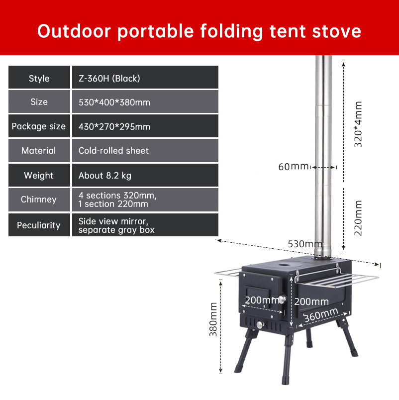 Poêle à bois de chauffage, acier au carbone, portable et pliable. Pour tente de camping et extérieur.                                         - Portable and foldable carbon steel firewood stove. For camping tents and outdoor use.