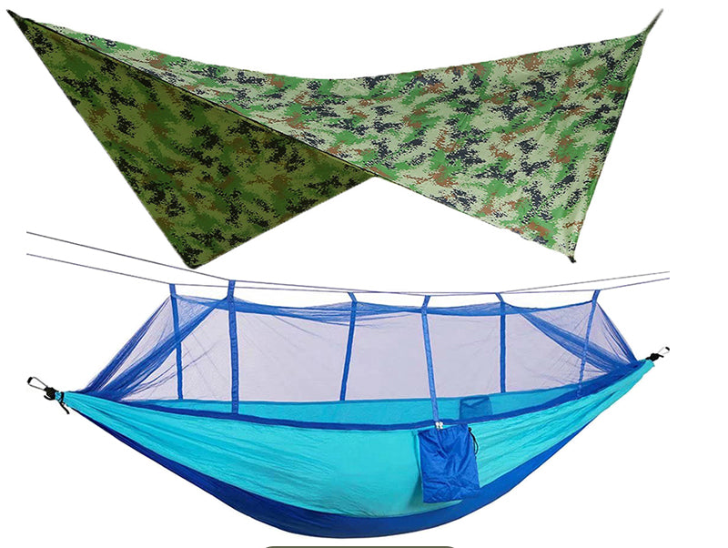 Hamac de camping double d'extérieur 260 x 140 cm avec moustiquaire et bâche anti-pluie Hamacs parachute légers.     -260x140cm Outdoor Double Camping Hammock with Mosquito Net and Rain Fly Tarp Lightweight Parachute Hammocks