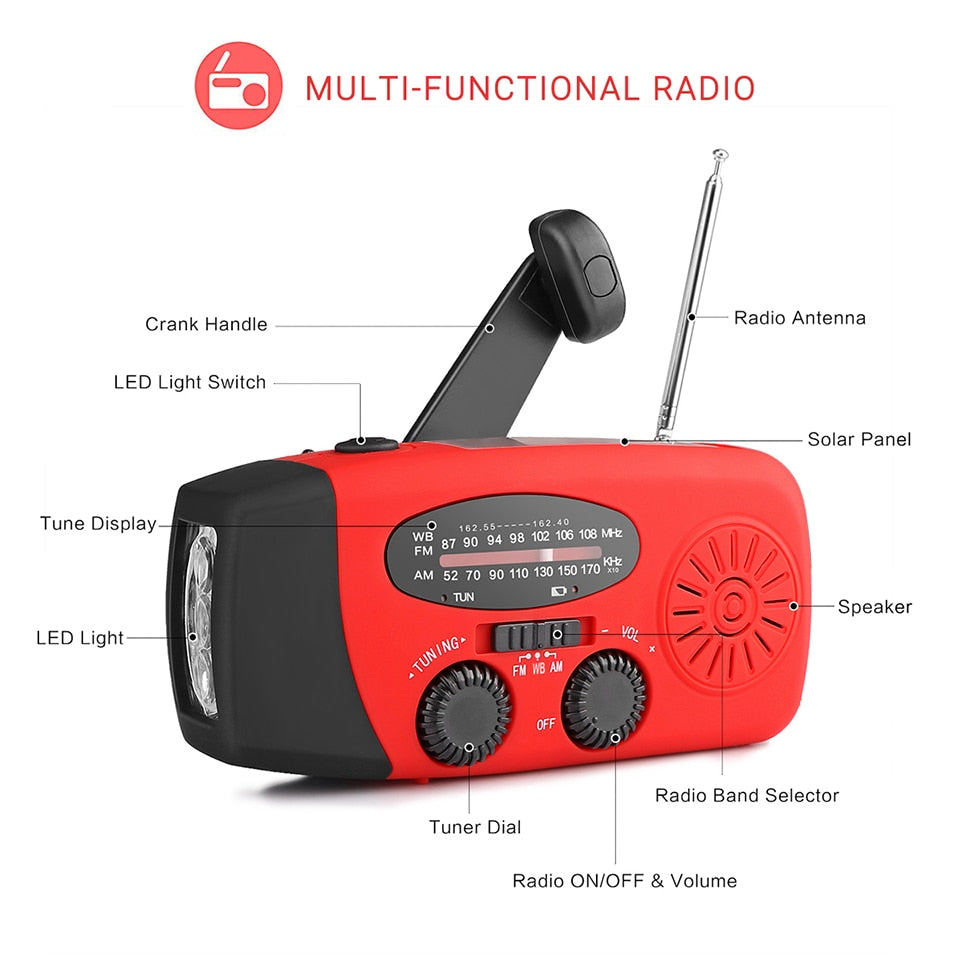 Radio solaire portable Am/ FM à manivelle, chargeur auto-alimenté, lampe de poche 3 LED, radio , étanche, survie d'urgence
- Portable Solar Radio Hand Crank Self Powered Phone Charger 3 LED Flashlight AM/FM/WB Radio Waterproof Emergency Survival