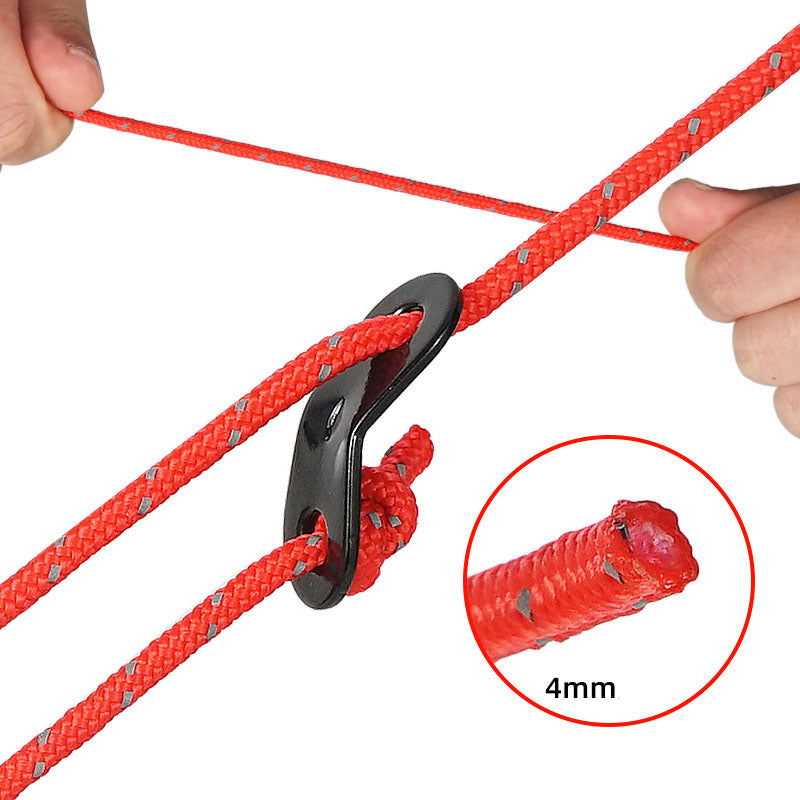 Corde réfléchissante de camping, de plein air, 4 mm pour tente, une boucle fixe, 4 ensembles de corde de tension                                        - Outdoor Camping 4mm Reflective Rope Tent Rope To Send Fixed Buckle 4 Sets Of Sky Curtain Pull Rope.