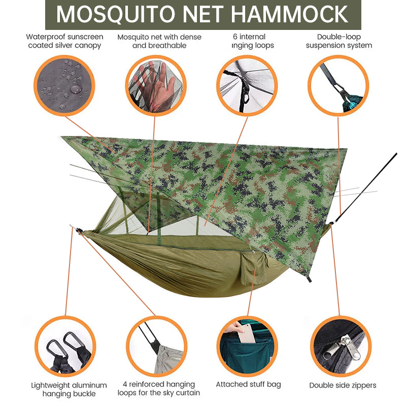 Hamac de camping double d'extérieur 260 x 140 cm avec moustiquaire et bâche anti-pluie Hamacs parachute légers.     -260x140cm Outdoor Double Camping Hammock with Mosquito Net and Rain Fly Tarp Lightweight Parachute Hammocks