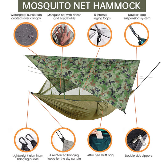 Hamac de camping double d'extérieur 260 x 140 cm avec moustiquaire et bâche anti-pluie Hamacs parachute légers.     -260x140cm Outdoor Double Camping Hammock with Mosquito Net and Rain Fly Tarp Lightweight Parachute Hammocks