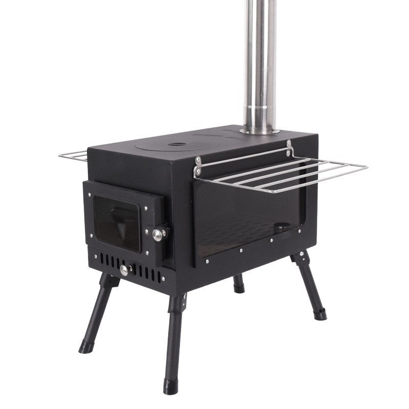 Poêle à bois de chauffage, acier au carbone, portable et pliable. Pour tente de camping et extérieur.                                         - Portable and foldable carbon steel firewood stove. For camping tents and outdoor use.