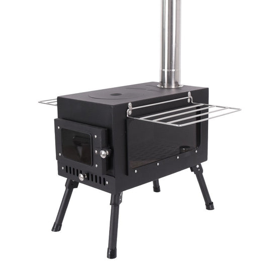 Poêle à bois de chauffage, acier au carbone, portable et pliable. Pour tente de camping et extérieur.                                         - Portable and foldable carbon steel firewood stove. For camping tents and outdoor use.