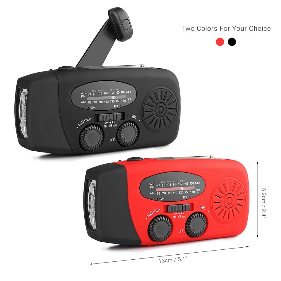 Radio solaire portable Am/ FM à manivelle, chargeur auto-alimenté, lampe de poche 3 LED, radio , étanche, survie d'urgence
- Portable Solar Radio Hand Crank Self Powered Phone Charger 3 LED Flashlight AM/FM/WB Radio Waterproof Emergency Survival