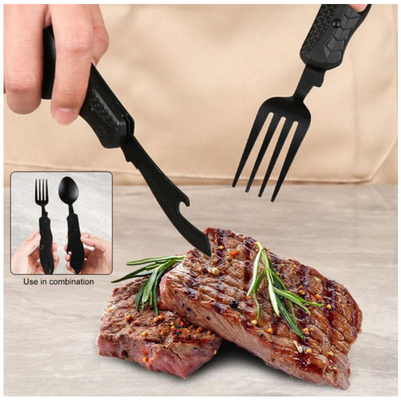 Ustensile de camping multifonctionnelle en acier inoxydable, couteau, fourchette, cuillère.                                              - Multifunctional camping tableware stainless steel knife fork spoon, eating tools