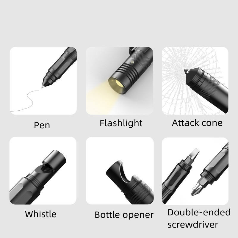 Stylo tactique multifonctionnel, lampe de poche, stylo de défense, marteau pour fenêtre cassée
- Multifunctional Tactical Pen Flashlight Defense Pen Broken Window Hammer