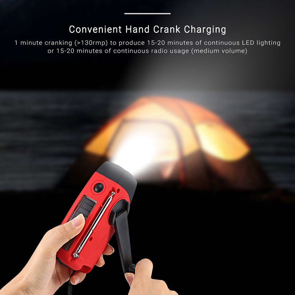 Radio solaire portable Am/ FM à manivelle, chargeur auto-alimenté, lampe de poche 3 LED, radio , étanche, survie d'urgence
- Portable Solar Radio Hand Crank Self Powered Phone Charger 3 LED Flashlight AM/FM/WB Radio Waterproof Emergency Survival