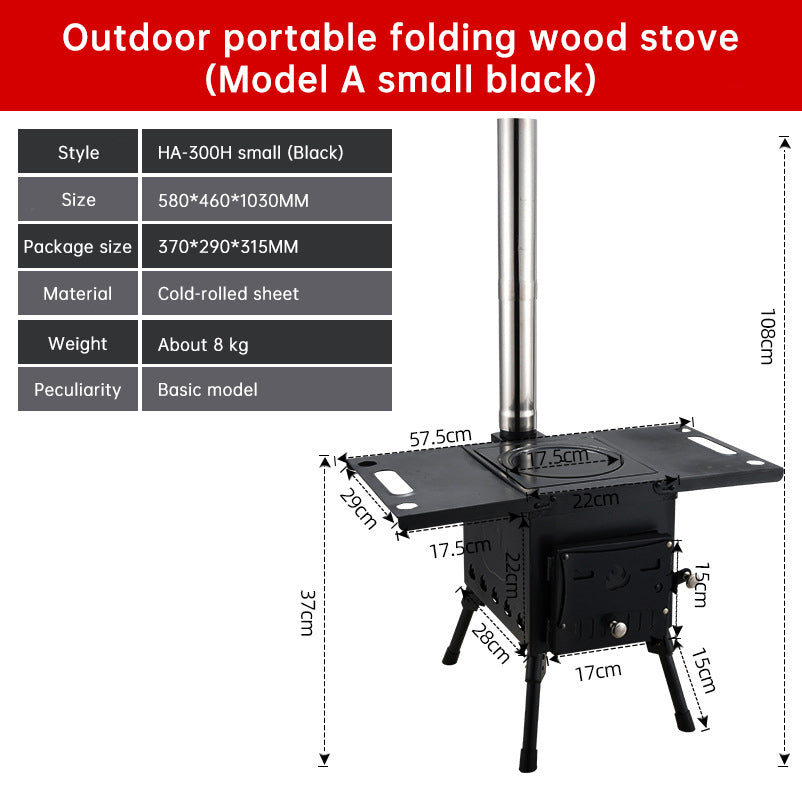 Poêle à bois de chauffage, acier au carbone, portable et pliable. Pour tente de camping et extérieur.                                         - Portable and foldable carbon steel firewood stove. For camping tents and outdoor use.