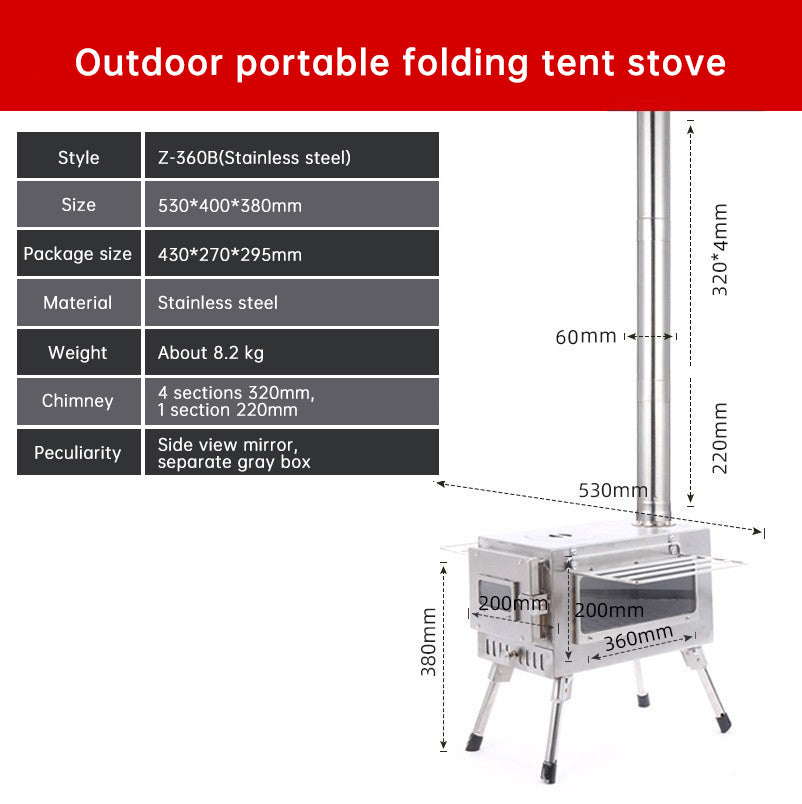 Poêle à bois de chauffage, acier au carbone, portable et pliable. Pour tente de camping et extérieur.                                         - Portable and foldable carbon steel firewood stove. For camping tents and outdoor use.