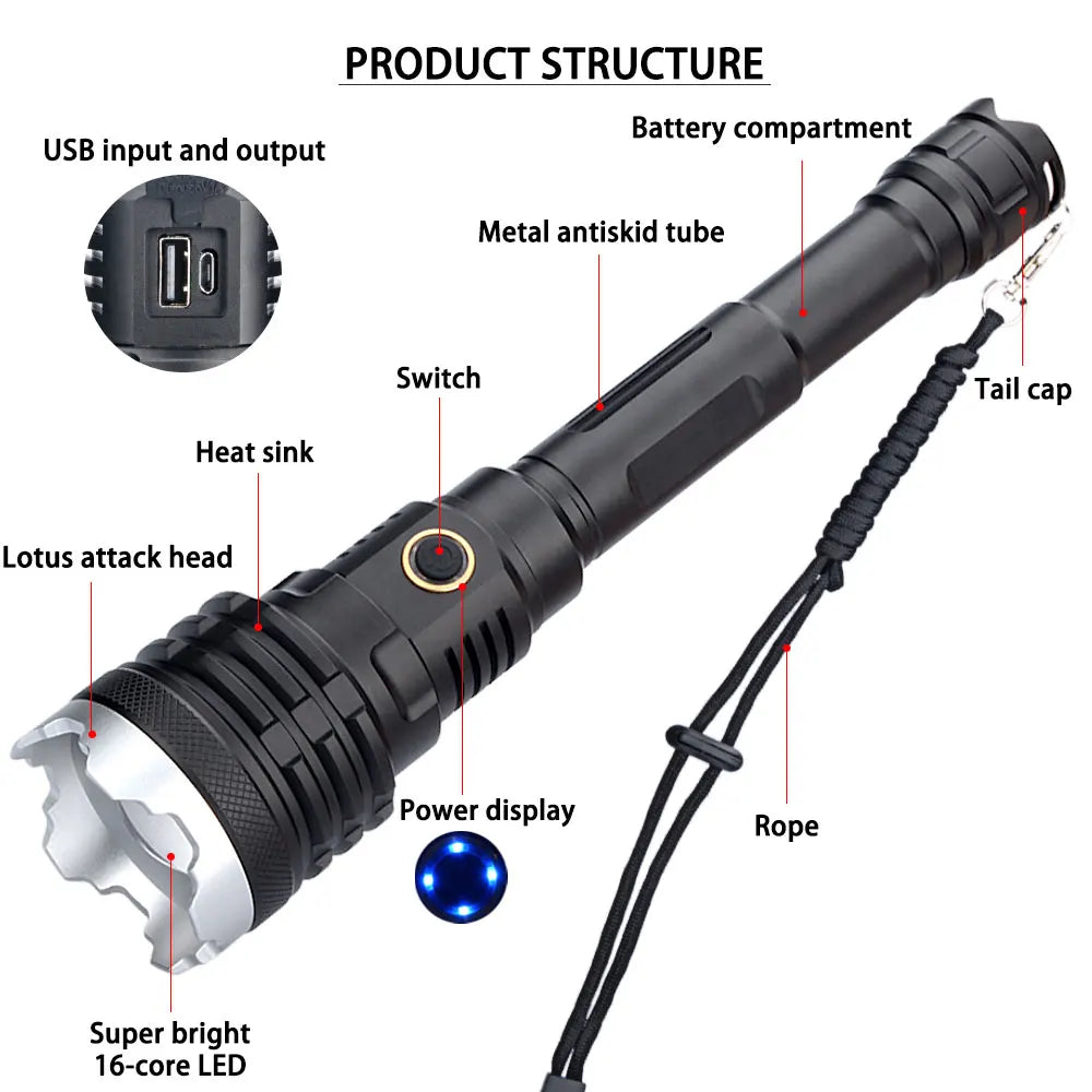 Lampe torche puissante XHP160 16 cœurs, USB, lampe LED zoom
- XHP160 16-Core Powerful Flashlight Torch, USB, Zoom Lamp LED