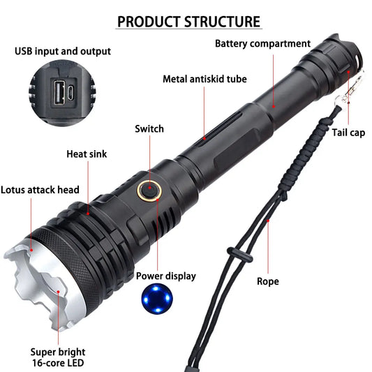 Lampe torche puissante XHP160 16 cœurs, USB, lampe LED zoom
- XHP160 16-Core Powerful Flashlight Torch, USB, Zoom Lamp LED